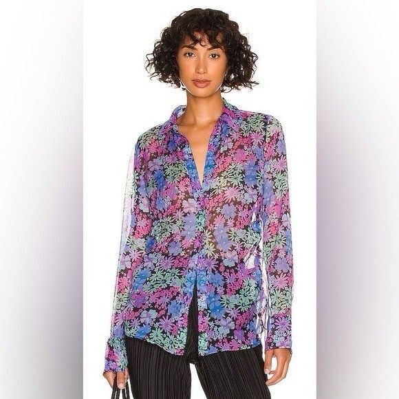 Free People Mathilda Sheer Floral Long Sleeve Button Up Blouse Side Ties SMALL - Picture 1 of 13